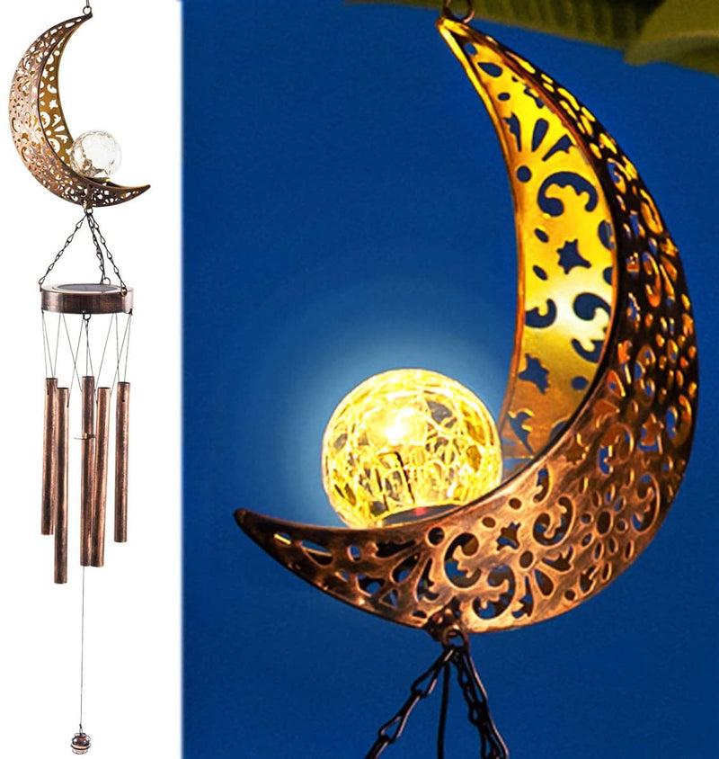 LeiDrail Solar Wind Chimes for Outside | Moon Metal Outdoor Hanging Light | LeiDrail