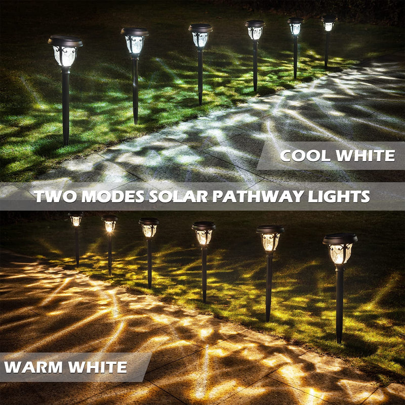 LeiDrail 8 Pack 2 Modes Super Bright Metal Glass Solar Path Light Waterproof Warm White/Cool White（LD017）